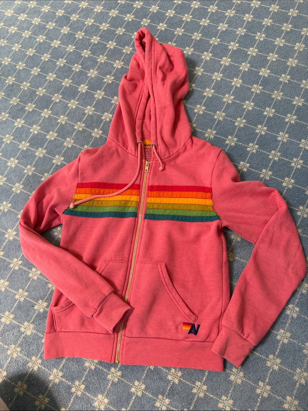 Pink Zip-Up Hoodie with Rainbow Stripe Aviator Nation